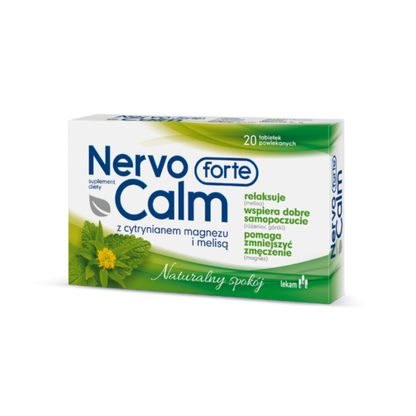 Image of a green and white box of 'Nervo Calm Forte' dietary supplement tablets. The package states it contains 20 coated tablets with magnesium citrate and lemon balm, and highlights benefits such as relaxation, improved mood, and reduced fatigue. The front of the box features an illustration of lemon balm leaves and a yellow flower.