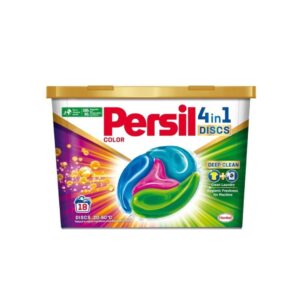 Container of Persil 4-in-1 Discs Color with 18 discs, featuring a colorful design with a gold lid. The packaging highlights deep clean laundry, hygienic freshness, and suitability for machine use. The front of the container shows a graphic of the discs in blue, pink, and green colors.
