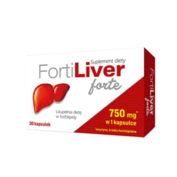 FortiLiver Forte box containing 30 capsules, each with 750 mg of phospholipids to support liver health, enriched with soy lecithin, against a white background.