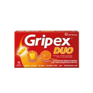 The image shows a red and orange box of Gripex Duo, a medication intended for the relief of symptoms associated with colds, flu, and flu-like conditions. The box contains 16 coated tablets and highlights that the product can either be dissolved in water or swallowed whole. It is produced by USP Zdrowie and is effective for treating symptoms such as fever, headache, sore throat, muscle and joint pain, runny nose, and nasal and sinus congestion.