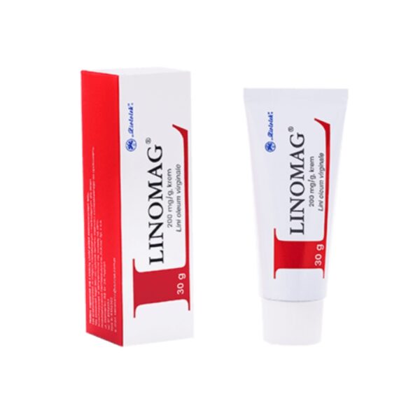 Image showing a tube and box of Linomag ointment, both predominantly white with bold red accents. The box and tube prominently display the Linomag logo and state the product contains '200 mg/g ointment'. Both items specify a net weight of 30 grams, designed for topical use