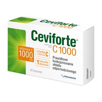 The image shows a box of Ceviforte C 1000, a dietary supplement containing 1000 mg of Vitamin C. The box is predominantly white with green accents. It includes text that highlights "1 capsule a day" and "30 capsules" with a statement in Polish that translates to "Proper functioning of the immune system." The logo of the brand "Novascon" is also visible on the box.