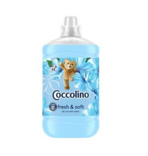 bottle of Coccolino Fresh & Soft Blue Splash Fabric Softener with blue floral graphics and a teddy bear logo
