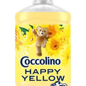 Yellow Coccolino Happy Yellow fabric softener bottle with sunflowers and teddy bear logo indicating 68 washes.