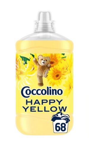 Yellow Coccolino Happy Yellow fabric softener bottle with sunflowers and teddy bear logo indicating 68 washes.