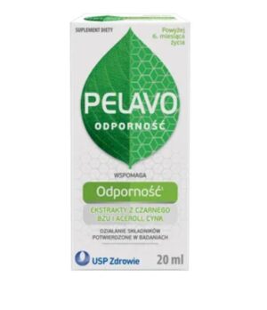20 ml Pelavo Immunity Support liquid supplement with black elderberry and acerola extracts, vitamin C, and zinc, by USP Health, for respiratory and immune health.