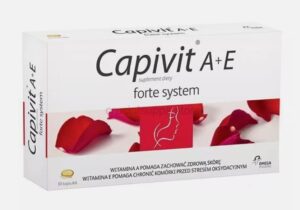 Box of Capivit A+E Forte System dietary supplement containing 30 capsules for supporting skin health with essential vitamins A and E against oxidative stress.