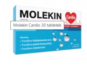 Packaging of Molekin Cardio 30 coated tablets for heart support containing magnesium, potassium, hawthorn extract, and essential B vitamins.