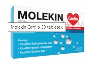 Packaging of Molekin Cardio 30 coated tablets for heart support containing magnesium, potassium, hawthorn extract, and essential B vitamins.