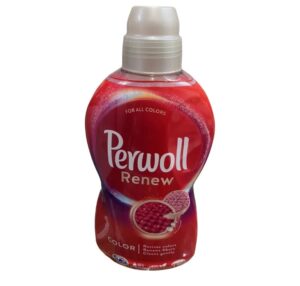 A bottle of Perwoll Renew laundry detergent designed for all colors. The detergent is in a distinctive, curvy red bottle featuring a white cap. The label includes the Perwoll logo in white lettering and highlights that the product revives colors, renews fibers, and cleans gently. A graphic of raspberries is shown to possibly indicate the fragrance or natural ingredients.