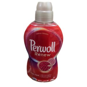 A bottle of Perwoll Renew laundry detergent designed for all colors. The detergent is in a distinctive, curvy red bottle featuring a white cap. The label includes the Perwoll logo in white lettering and highlights that the product revives colors, renews fibers, and cleans gently. A graphic of raspberries is shown to possibly indicate the fragrance or natural ingredients.