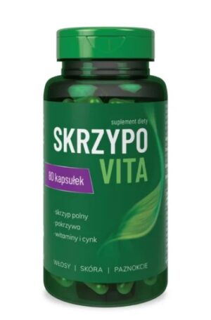 Bottle of SkrzypoVita dietary supplement, 80 capsules, featuring field horsetail and nettle extracts with vitamins and zinc, targeted for hair, skin, and nail health.