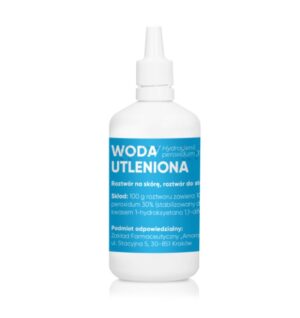 3% hydrogen peroxide solution in a white plastic bottle with a blue label, used for wound cleansing and oral hygiene, produced by Amara Pharmacy, located in Krakow