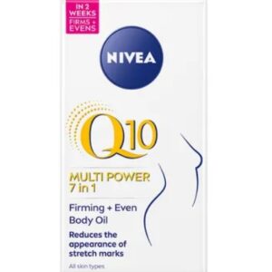 Packaging of NIVEA Q10 Multi Power 7 in 1 Firming + Even Body Oil. The box is white with a blue and yellow design, highlighting the Q10 logo and indicating its benefits like firming skin and reducing stretch marks.