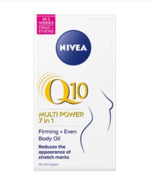 Packaging of NIVEA Q10 Multi Power 7 in 1 Firming + Even Body Oil. The box is white with a blue and yellow design, highlighting the Q10 logo and indicating its benefits like firming skin and reducing stretch marks.