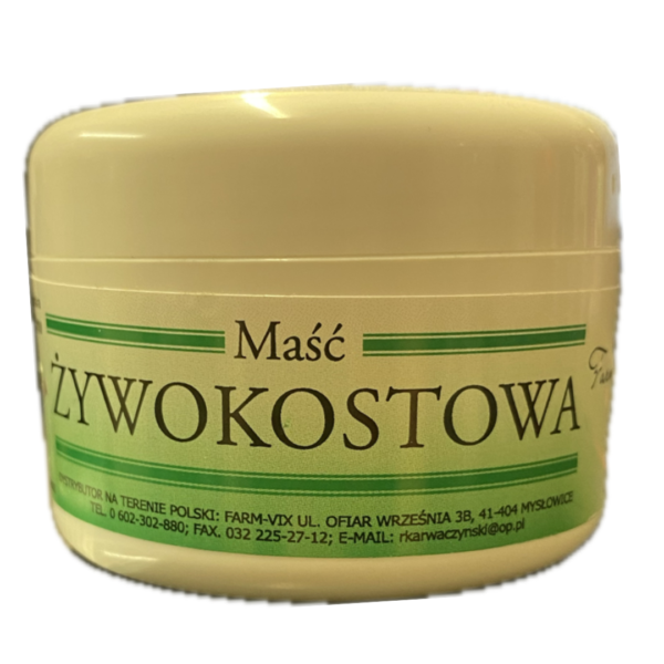 A container of Farm-Vix Maść Żywokostowa, a comfrey ointment in a cream-colored container with a green label, used for therapeutic massage and skin care.