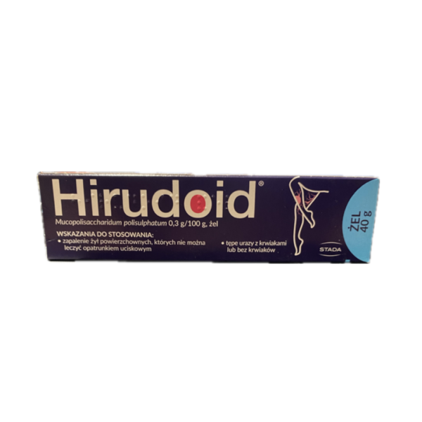 A package of Hirudoid gel, featuring a blue box with the product name prominently displayed. The box indicates it is for the treatment of superficial thrombophlebitis and bruising, includes a red circle logo, and specifies the gel form and 40g weight.