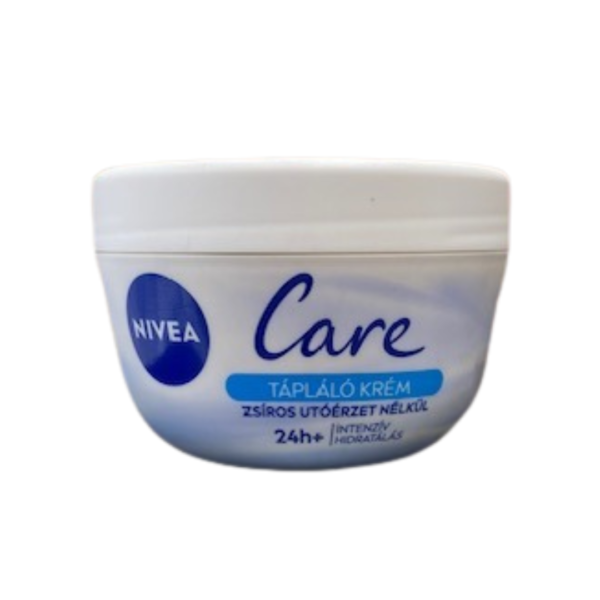 Container of NIVEA Care Nourishing Cream in a white tub with a blue label, highlighting its 24-hour moisturizing benefits without greasiness.
