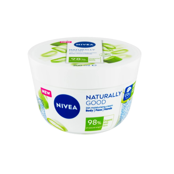 Container of NIVEA Naturally Good 24h Moisturizing Cream. The white tub features images of aloe vera and labels highlighting its organic content and 98% natural ingredients.