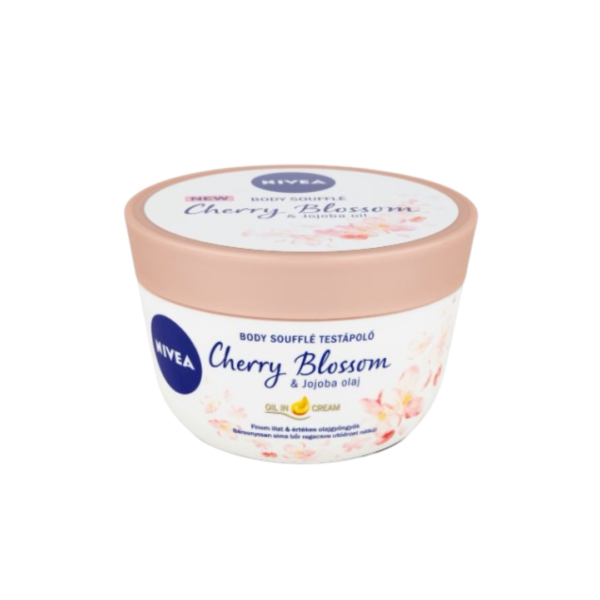 Container of NIVEA Body Soufflé Cherry Blossom & Jojoba Oil, displaying a pink and white label with floral design, emphasizing its 200 ml content.