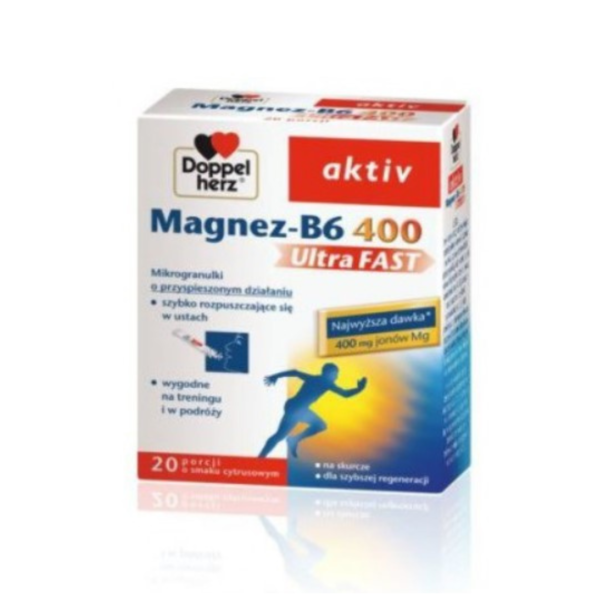 Box of Doppelherz Aktiv Magnez-B6 400 UltraFAST supplement. The packaging is white with blue and red accents, featuring an image of a dynamic, running figure to emphasize energy and activity. The text highlights the product's quick-dissolving microgranules and key ingredients, including magnesium and vitamin B6, suitable for use during sports or travel, with 20 sachets per box.