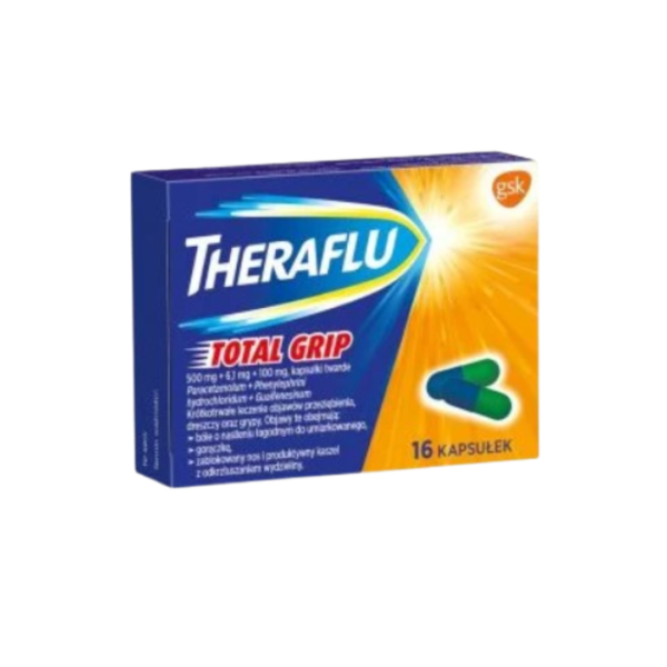 A box of Theraflu Total Grip with 16 capsules, emphasizing relief from cold and flu symptoms like sore throat and congestion. The packaging is predominantly blue with vibrant yellow accents highlighting its efficacy.