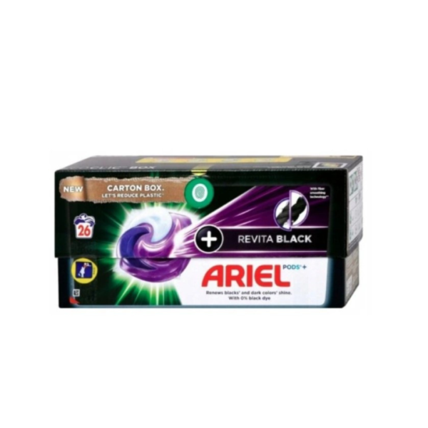 Ariel Revita Black Laundry Pods 26-count box featuring advanced fiber smoothing technology for dark and black clothes.