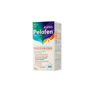 The image shows a box of Pelafen Kid MD Przeziębienie syrup, 100 ml, with a raspberry flavor. The packaging is predominantly white with green, orange, and purple accents, detailing its use for treating early symptoms of the common cold.