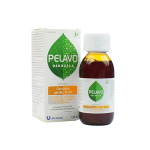 A bottle of Pelavo Oskrzela syrup alongside its packaging, designed for children 3+ to support respiratory health and soothe the throat and larynx.