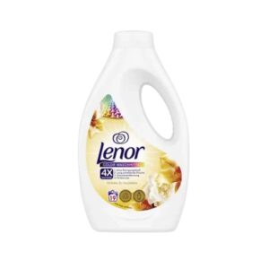 A bottle of Lenor Color Waschmittel Strahlendes Blütenbouquet liquid laundry detergent with floral graphics and a yellow cap.