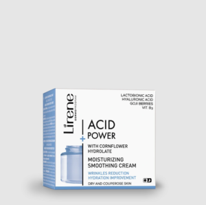An image of Lirene Acid Power Moisturizing Smoothing Cream. The product is in a white and blue box, highlighting the main ingredients including lactobionic acid, hyaluronic acid, goji berries, and vitamin B3. The label emphasizes its moisturizing and smoothing properties, along with benefits like wrinkle reduction and hydration improvement for dry and couperose skin.