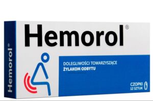 Box of Hemorol suppositories featuring the brand logo and a graphic illustrating relief for hemorrhoid discomfort. The packaging specifies that the box contains 12 rectal suppositories.