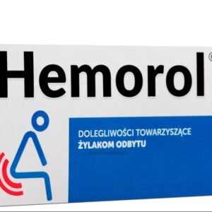 Box of Hemorol suppositories featuring the brand logo and a graphic illustrating relief for hemorrhoid discomfort. The packaging specifies that the box contains 12 rectal suppositories.