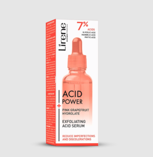 An image of Lirene Acid Power Exfoliating Acid Serum. The product is in a transparent orange bottle with a dropper. The packaging is white and orange, highlighting the main ingredients including 7% acids (glycolic acid, mandelic acid, and phytic acid) and pink grapefruit hydrolate. The label emphasizes its exfoliating properties and effectiveness in reducing imperfections and discolorations.