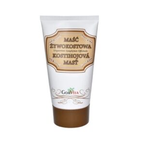 A tube of Gorvita Maść Żywokostowa (130ml) featuring a simple white and brown design with labels in Polish. The ointment is described as beneficial for skin irritations and inflammation, containing natural ingredients like comfrey and arnica.