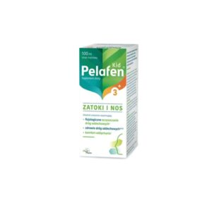 The image shows a box of Pelafen Kid 3+ Zatoki i Nos dietary supplement, 100 ml, raspberry flavor. The packaging is green and white with orange accents, featuring information about the product's benefits for respiratory health and immune support.