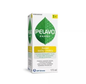 The image shows a box of Pelavo Kaszel suchy i mokry syrup, 175 ml, designed for alleviating dry and wet coughs. The packaging is white with green accents and a prominent green leaf logo.