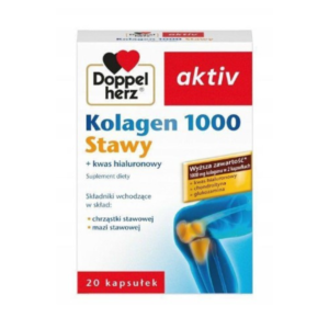 A white and red box of Doppelherz Aktiv Kolagen 1000 Stawy + kwas hialuronowy, containing 20 capsules, designed to support joint health. The box features an image of a knee joint highlighted to show the areas of action.