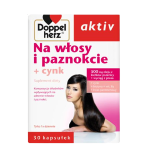 A white and red box of Doppelherz Aktiv Na włosy i paznokcie + cynk, containing 30 capsules, designed to support the health of hair and nails. The box features an image of a woman with long, healthy hair, indicating the product's benefits.