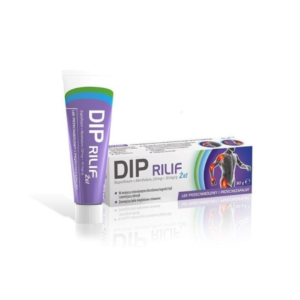 Tube and box of Dip Rilif Gel, a topical pain relief and anti-inflammatory medication containing ibuprofen and menthol, 50g.
