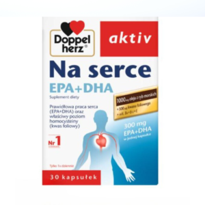 Image of Doppelherz Aktiv Na serce EPA+DHA dietary supplement box containing 30 capsules, designed to support heart health with omega-3 fatty acids and essential vitamins.