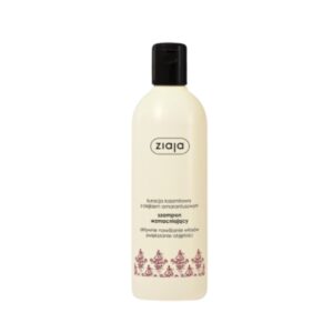Bottle of Ziaja Strengthening Shampoo with Cashmere and Amaranth Oil.