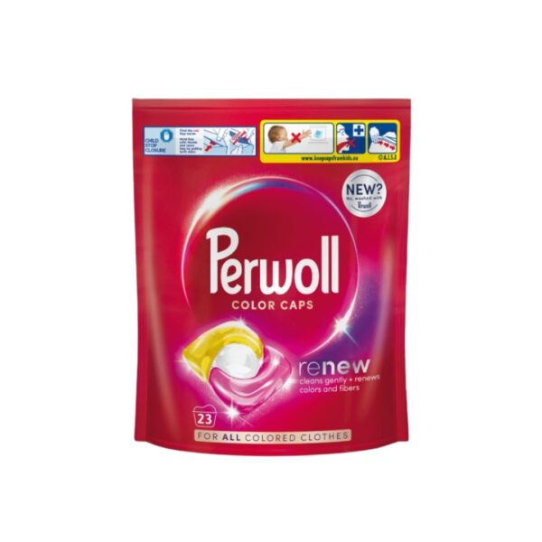 Package of Perwoll Color Caps Renew with 23 caps, featuring a red design and highlighting gentle cleaning and color renewal for all colored clothes.