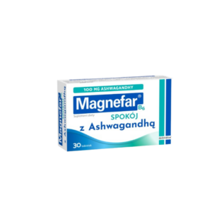 Box of Magnefar B6 Spokój z Ashwagandha tablets. The packaging is mainly white and blue with a stripe of green, highlighting its key ingredients—ashwagandha and vitamins. It contains 30 tablets, each aimed at promoting calm and reducing stress.