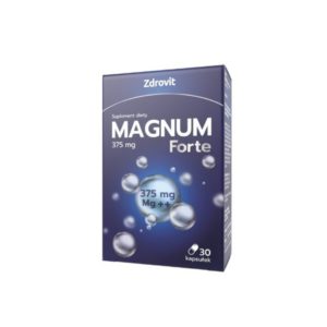 Packaging of Zdrovit Magnum Forte 375 mg. The box is predominantly blue, highlighting the 375 mg of magnesium and vitamin B6 content. It contains 30 capsules designed to support electrolyte balance and reduce fatigue.