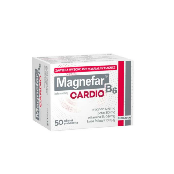 A box of Magnefar CARDIO B6 dietary supplement containing 50 coated tablets, with magnesium, potassium, vitamin B6, and folic acid.