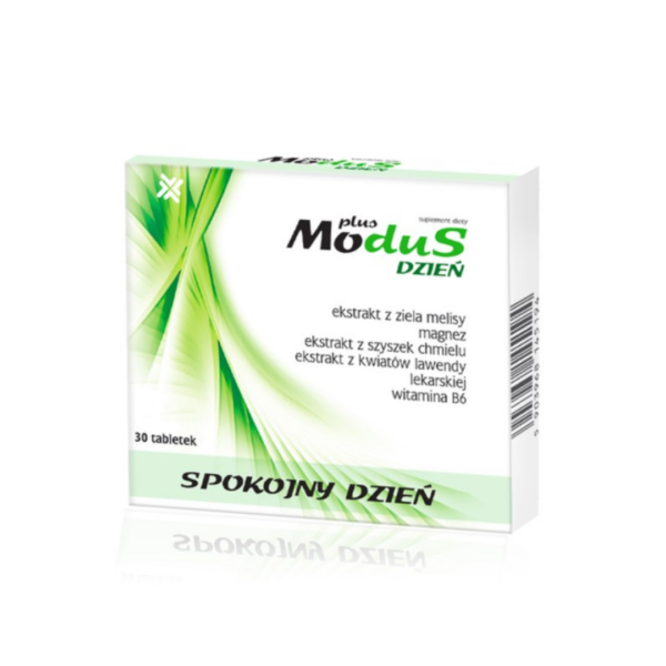 A box of Modus Plus Day dietary supplement containing 30 tablets, with extracts from lemon balm, hop cones, lavender flowers, magnesium, and vitamin B6 for promoting calmness and relaxation.