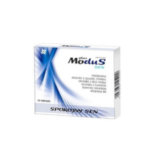 A box of Modus Plus Sleep dietary supplement containing 30 tablets, with melatonin, hop cone extract, lemon balm leaf extract, lavender flower extract, and vitamin B6 for promoting restful sleep.