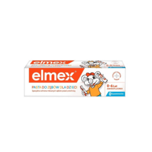 A box of Elmex Children's Toothpaste designed for kids aged 0-6 years, with Amino Fluoride to protect milk teeth, prevent tooth decay, and strengthen enamel, free from colorants.