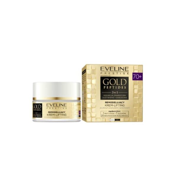 Eveline Prestige Gold Peptides 70+ 3in1 Remodeling Cream face cream and packaging, designed for mature skin.